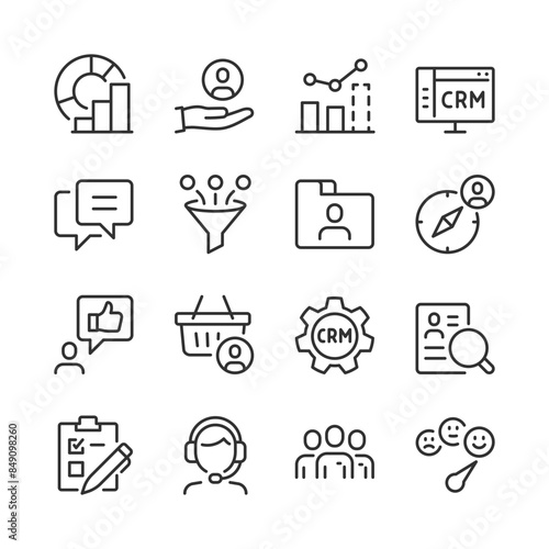CRM, icon set. Customer Relationship Management icons. Analysis and Forecasting Chart, Customer Data, Staff Management, Metrics, Support, Marketing. Business Optimization. Line with editable stroke