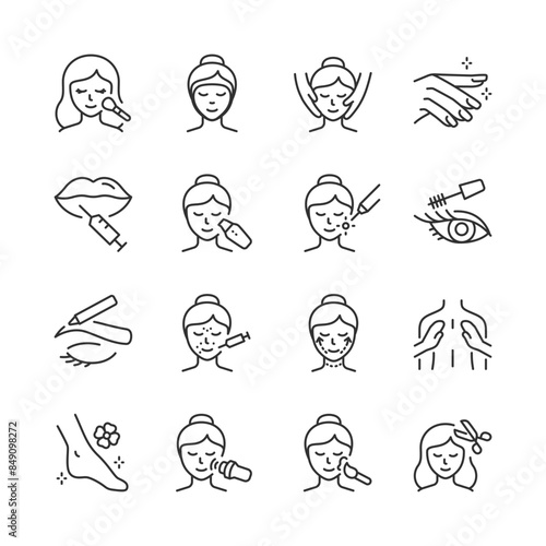 Beauty salon services, icon set. Skincare treatments. Makeup, mask, manicure, lips, peeling, laser, eyelash, eyebrow, skin tightening, massage, pedicure, RF lifting, hair cutting. Editable stroke