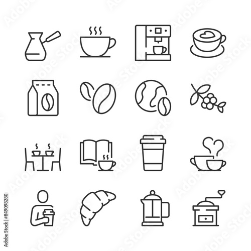 Coffee Culture icon set. Enjoying Coffee. Attributes for Brew and Drinking linear icons. Cezve, Cup, Coffee Machine, Beans, Packaging, Grinder, Café Table, etc. Line with editable stroke