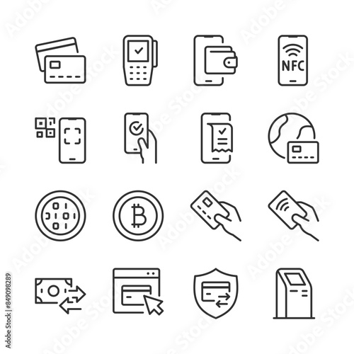 Electronic Payment Systems, icon set. Digital Payment Solutions linear icons. Online Banking, Money Transfers, NFC, QR Codes, and Cryptocurrency. Secure Transaction. Line with editable stroke