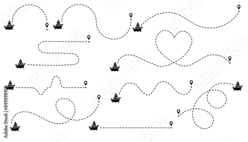 Marine vessels routes dotted lines. Sea ship with track collection. Ship path set. Travel path icon set. Location for travel, dotted road map with destinations. Vector illustration isolated	