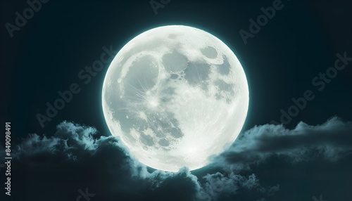 Amazing scenery of white glowing moon with craters in black sky with clouds at night © AMIRUN
