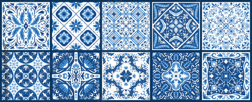  Portuguese and Spain azulejo. Ceramic tile in talavera style. Vector tile pattern, Lisbon floral mosaic, Mediterranean seamless navy blue ornament