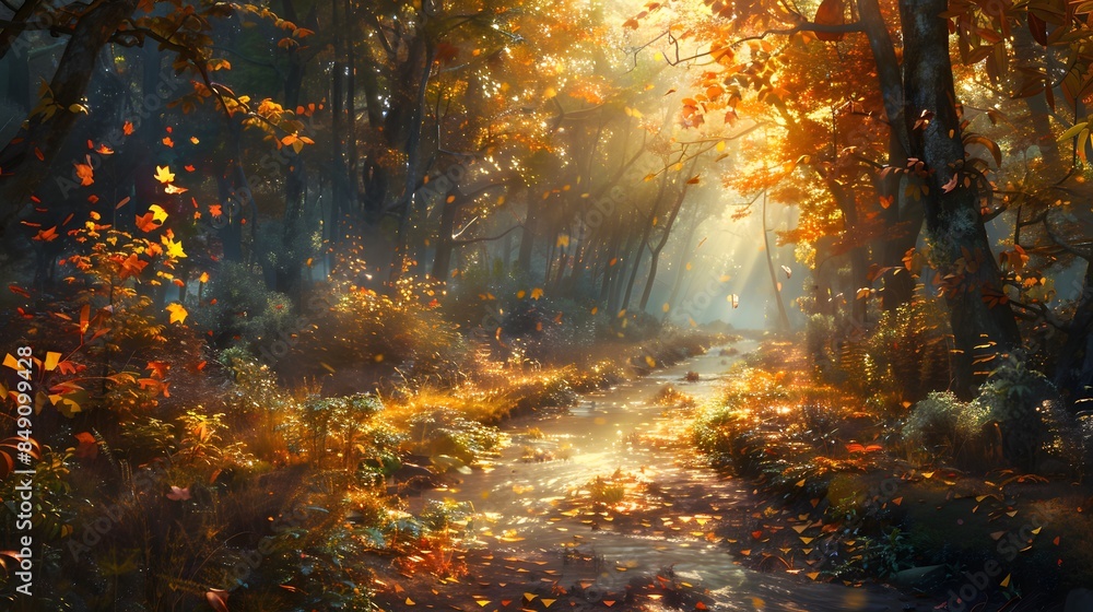 Enchanting forest pathway covered in autumn leaves, with sunlight filtering through the dense canopy. A gentle stream runs alongside the path. Enchanting forest pathway covered in autumn leaves, with sunlight filtering through the dense canopy. A gentle stream runs alongside the path.