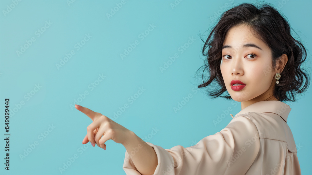 A stylish Asian model pointing to the side, showcasing her elegance against a light blue backdrop with ample copy space. A stylish Asian model pointing to the side, showcasing her elegance against a light blue backdrop with ample copy space.