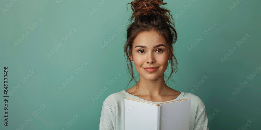 Smiling young woman with her hair in a bun, holding a book against a green background. Smiling young woman with her hair in a bun, holding a book against a green background.