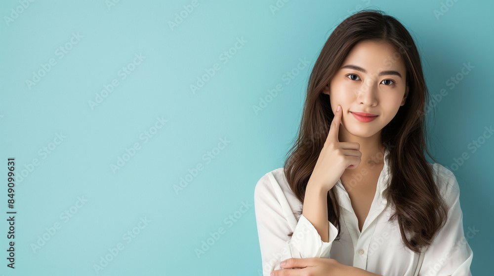 An elegant Asian woman pointing with poise, standing against a light blue background, capturing her beauty and confidence. An elegant Asian woman pointing with poise, standing against a light blue background, capturing her beauty and confidence.