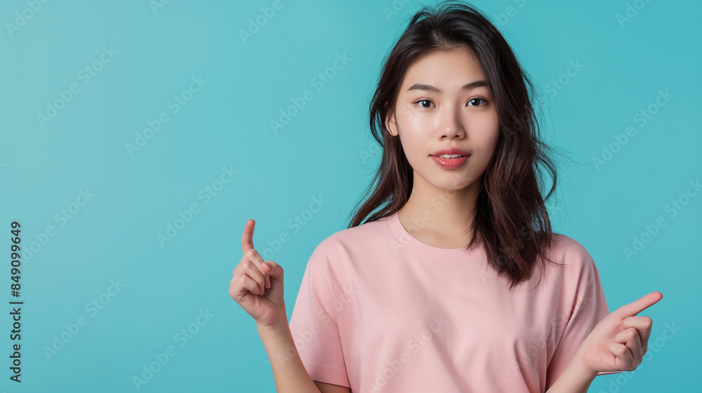 A young and attractive Asian model, confidently presenting with a pointing gesture, against a light blue background. A young and attractive Asian model, confidently presenting with a pointing gesture, against a light blue background.
