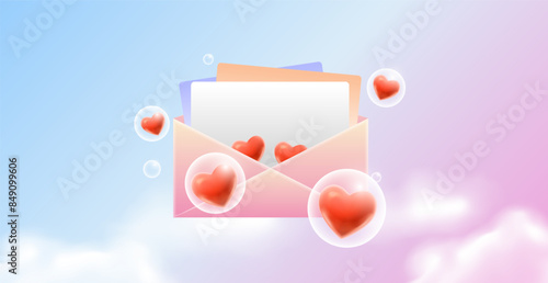 Hearts inside balloons fly along with letters in the sky