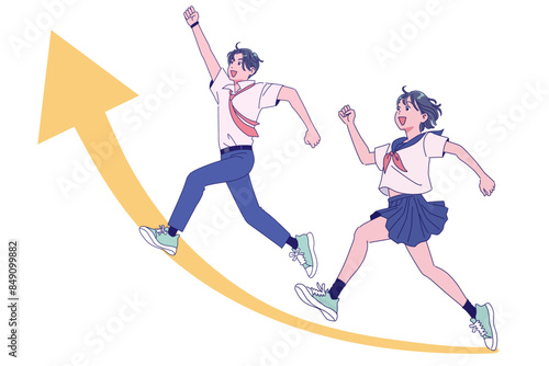 夏の制服で元気にジャンプする男女の学生