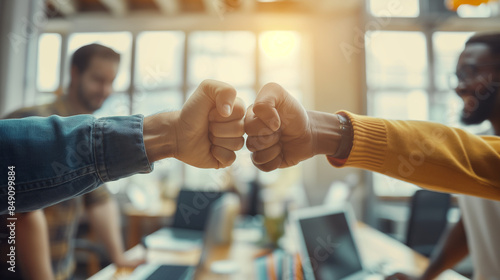 A photo of coworkers giving each other a fist bump, capturing the essence of mutual support and collective effort in the workplace.