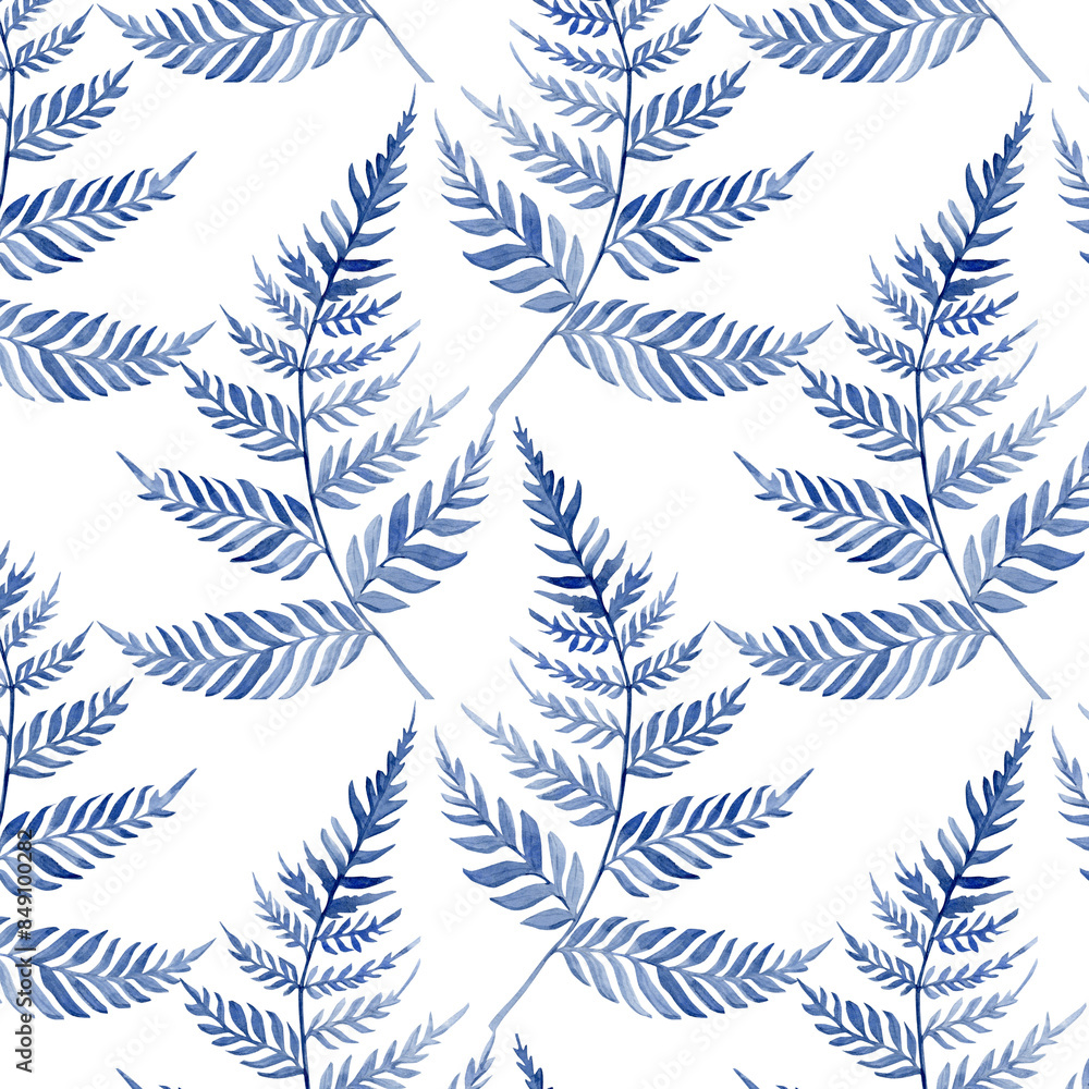 Pattern of blue fern branches on a white background. Can be used on fabrics and paper products. Watercolor hand-drawn illustration Pattern of blue fern branches on a white background. Can be used on fabrics and paper products. Watercolor hand-drawn illustration