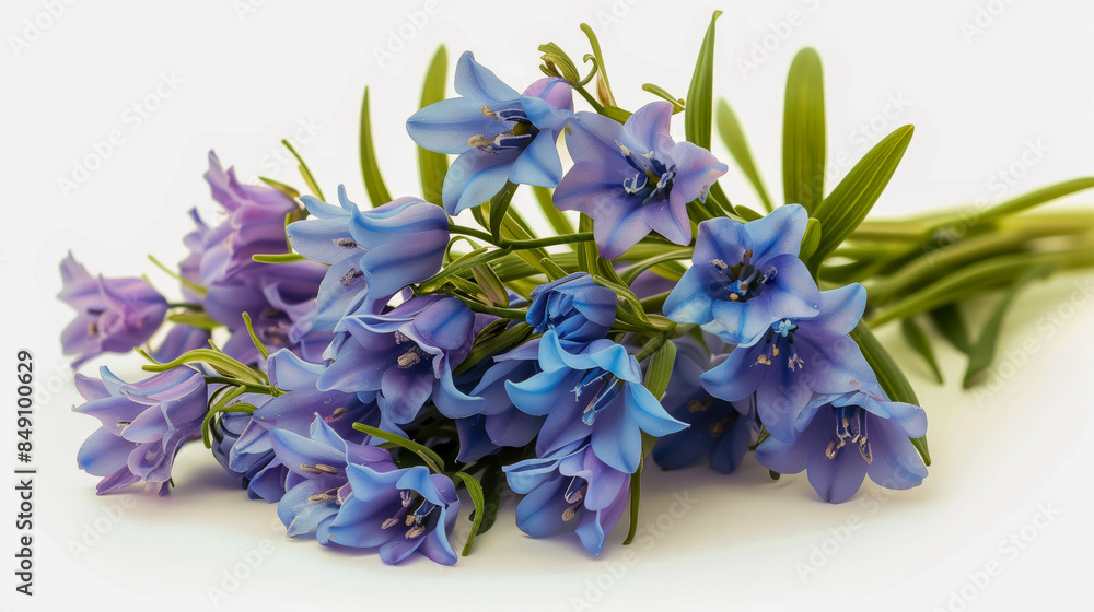 Vibrant blue and purple flower bouquet with lush green stems on white background Vibrant blue and purple flower bouquet with lush green stems on white background