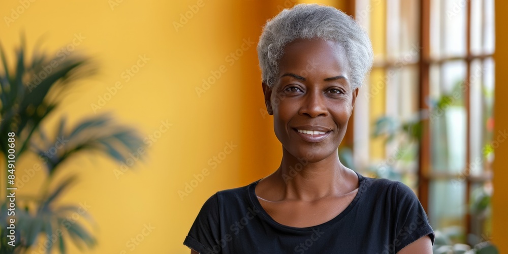 Obraz premium Smiling mature woman with grey hair standing against a yellow background, with plants in the background.