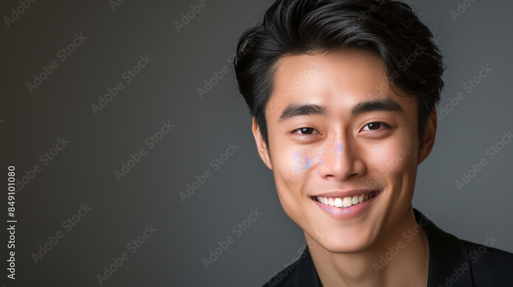 A refined shot of a young Asian man smiling confidently, with his face illuminated against a simple, solid-color background, emphasizing his beauty. A refined shot of a young Asian man smiling confidently, with his face illuminated against a simple, solid-color background, emphasizing his beauty.