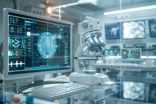 A modern medical laboratory with advanced medical equipment, including a high-tech scanner displaying patient data on a large screen. Generative AI
