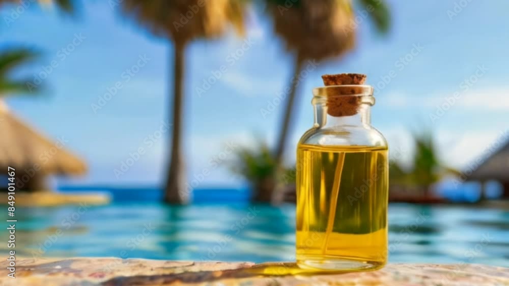 Yellow glass bottle in clear blue water under palm trees Yellow glass bottle in clear blue water under palm trees