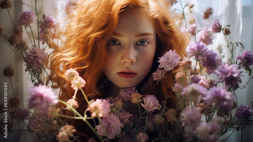 Joyful redhead with freckles enjoying lavender bouquet s aroma in gentle summer sunlight Joyful redhead with freckles enjoying lavender bouquet s aroma in gentle summer sunlight