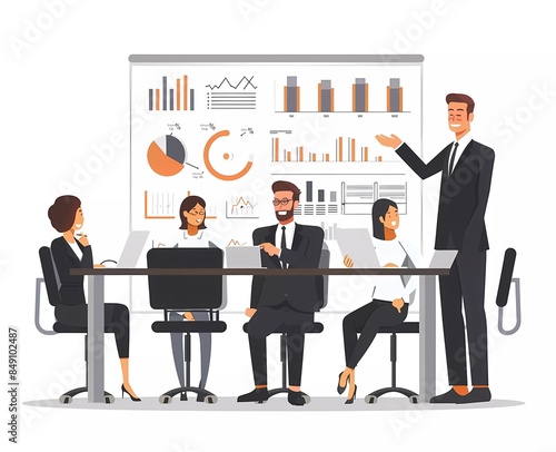 vector flat illustration of business people meeting in the office, whiteboard with graphs and charts on the wall, smiling man giving a presentation to the team