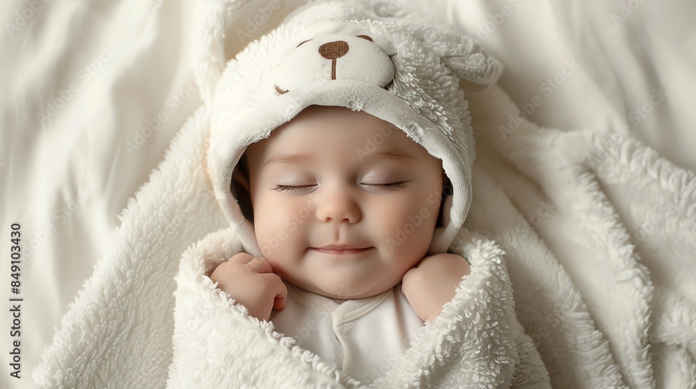 A sweet baby is sleeping peacefully in a white blanket. A sweet baby is sleeping peacefully in a white blanket.