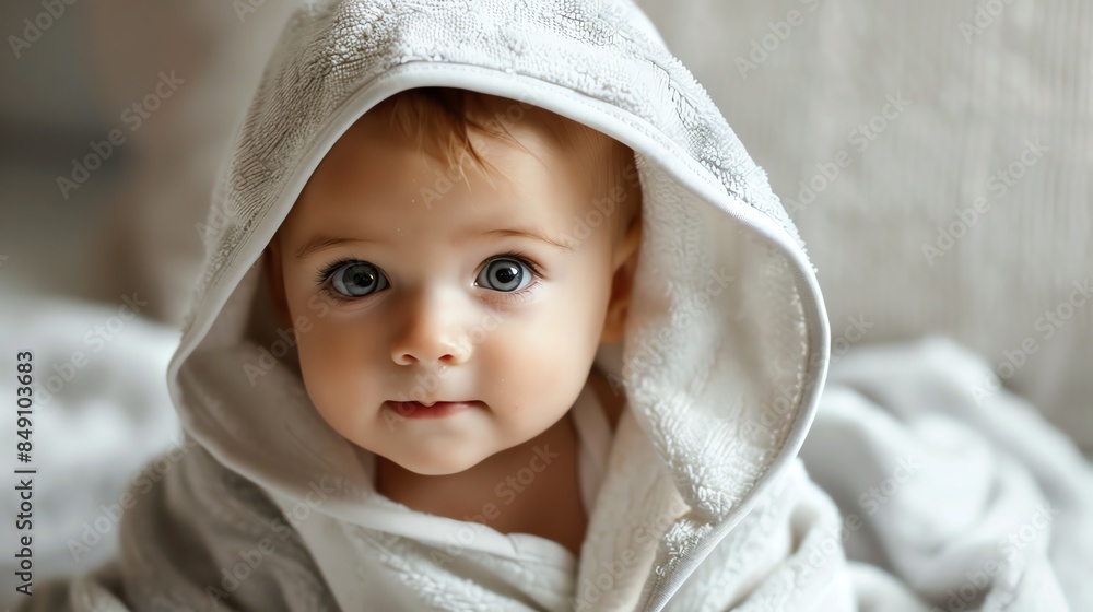 A baby wrapped in a white hooded towel looks at the camera with big blue eyes. A baby wrapped in a white hooded towel looks at the camera with big blue eyes.