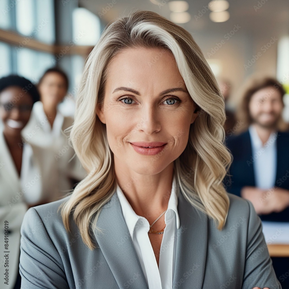 portrait d'une femme d'affaire puissante en ia son équipe derrière elle, vie professionnelle et sérieux portrait d'une femme d'affaire puissante en ia son équipe derrière elle, vie professionnelle et sérieux