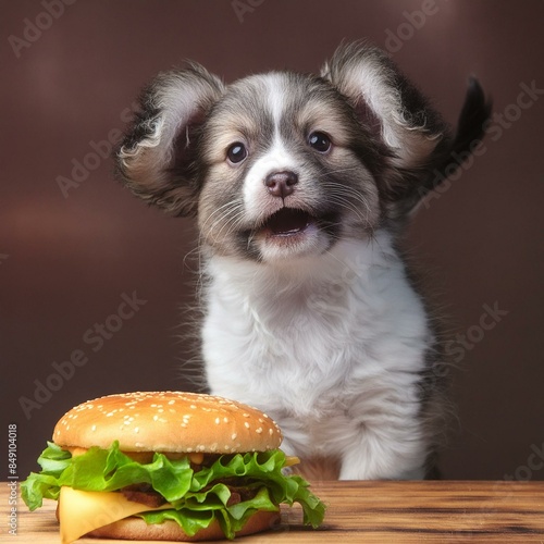 petite chiot devant un hamburger, gourmandise et obéissance en ia photo