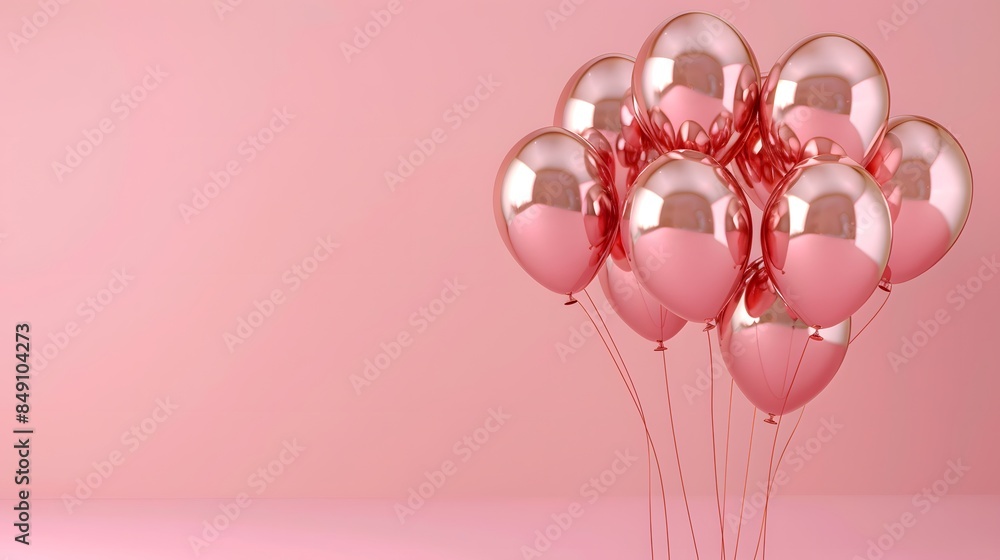 A bunch of rose gold balloons on the left side, against a solid pink background. Web banner with copyspace on the right A bunch of rose gold balloons on the left side, against a solid pink background. Web banner with copyspace on the right