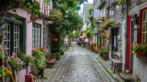 Charming narrow street in a small European town with traditional half-timbered houses and colorful flowers.