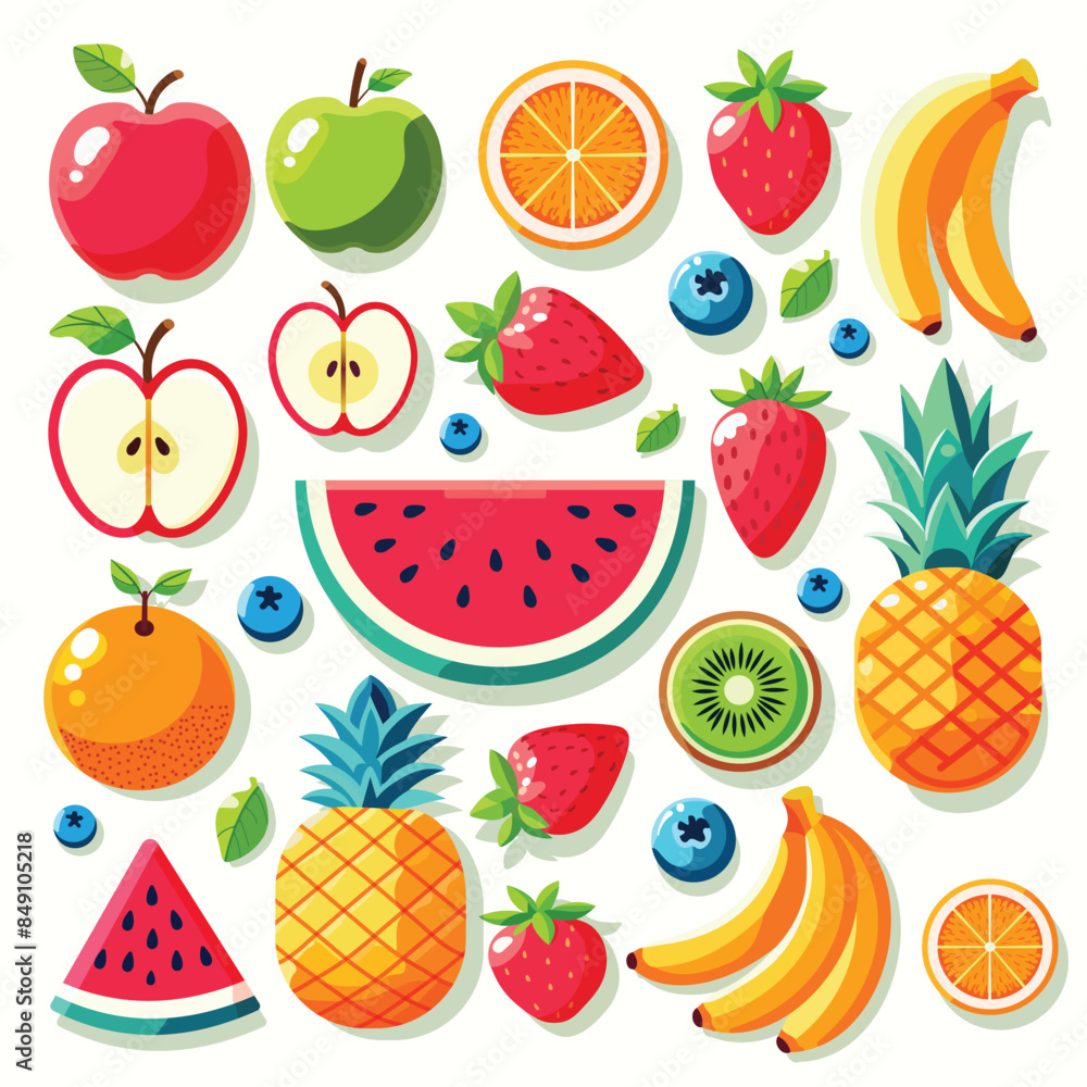 Colorful beautiful different fruits in flat style. Set of cartoon in vector illustration. Colorful beautiful different fruits in flat style. Set of cartoon in vector illustration.
