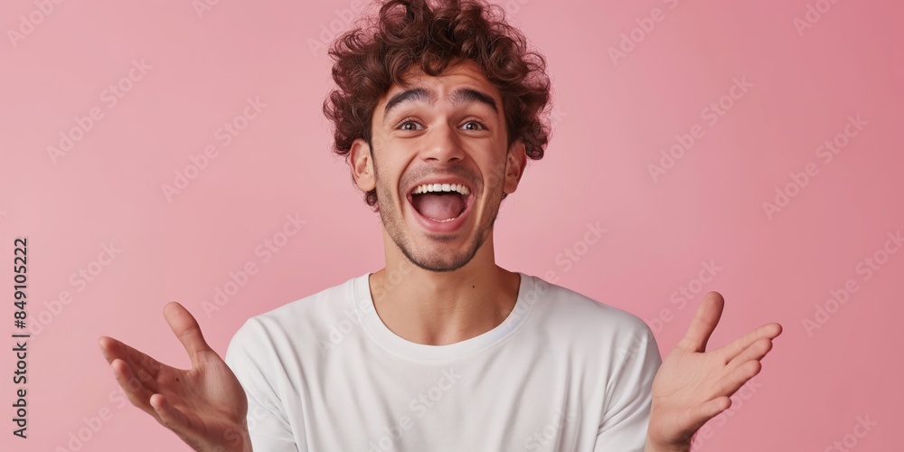 Excited young man smiling with his hands up against a pink background. Excited young man smiling with his hands up against a pink background.