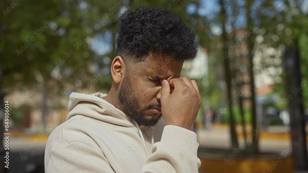 Distressed man rubbing eyes in urban park setting Distressed man rubbing eyes in urban park setting