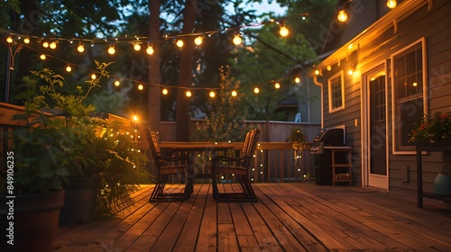 The backyard deck with string lights and outdoor dining area at night. creating an inviting atmosphere for casual gatherings or social events.