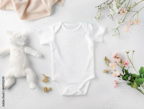 White cotton short-sleeve baby bodysuit with wooden toy on a white blanket. Infant onesie mockup. Neutral newborn bodysuit mockup template. Top view.