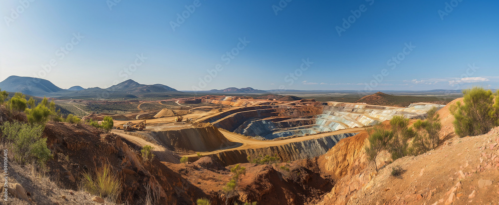 A view of an open-cut gold mining operation in remote Australia, displaying the mining pit and spoil piles