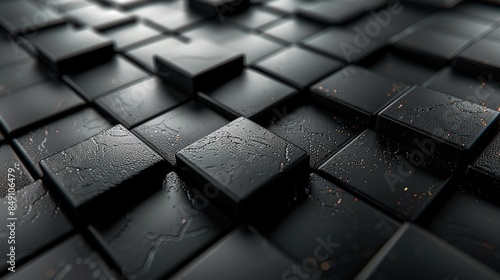Closeup of sleek black 3D tiles with water droplets and subtle gold accents photo