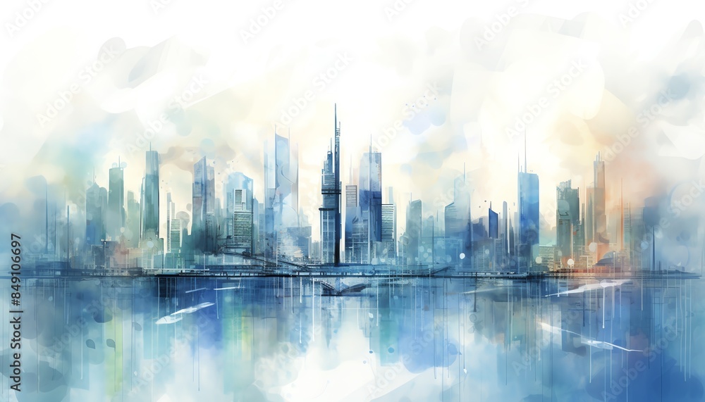 Obraz premium Abstract watercolor cityscape with towering skyscrapers reflected in a calm water surface, blending soft blues and warm hues for a serene ambiance.