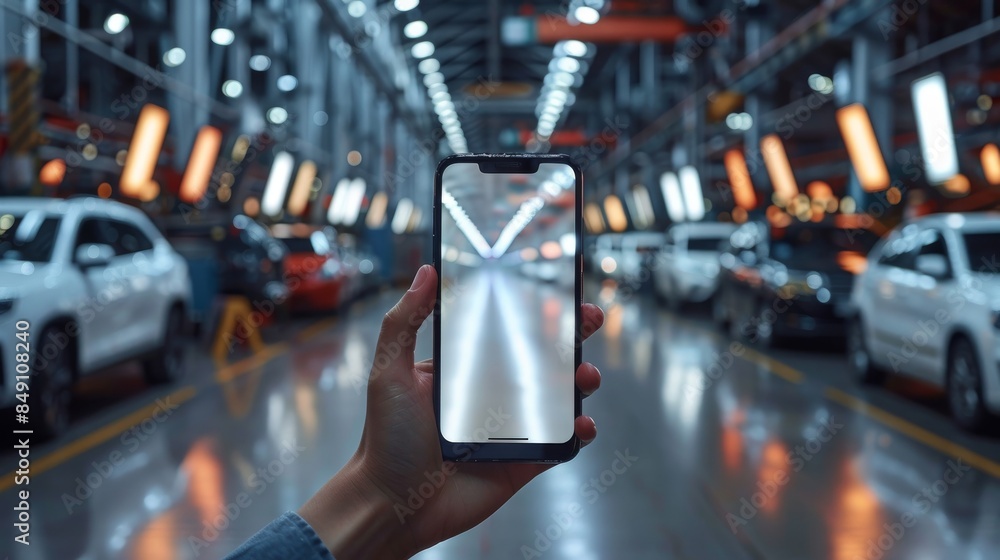 A hand is seen holding a smartphone projecting a vibrant holographic image in an industrial setting with vehicles and steel structures A hand is seen holding a smartphone projecting a vibrant holographic image in an industrial setting with vehicles and steel structures