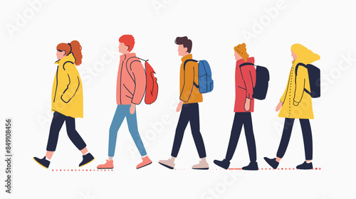 Side view diverse group walking, young adults casual wear carrying backpacks. Stylish people stride confidently, modern clothing, flat design vector. Animated characters marching, colorful attire