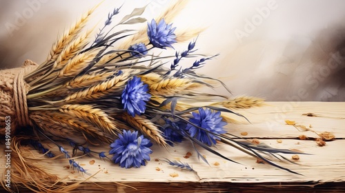 Rustic table setting wheat stalks bouquet and cornflowers on a peasant s table illustration