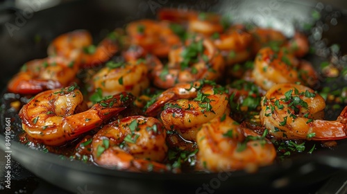 Spicy shrimps cooked to perfection with a blend of spices and garnished with fresh herbs in a skillet