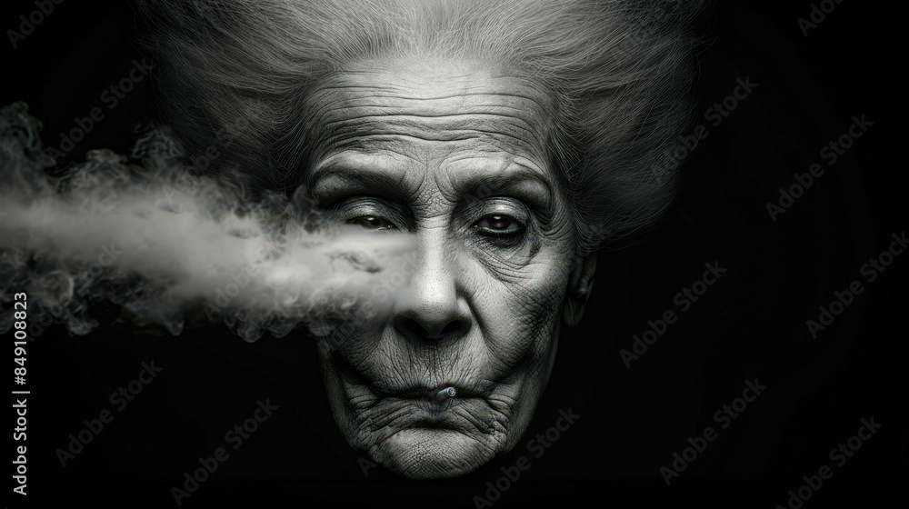 Portrait of an Elderly Woman Smoking a Cigarette: Capturing the Deep Wrinkles, Intense Eyes, and Winter Clothing in a Striking Image that Conveys a Lifetime of Stories Wallpaper Digital Art Poster Portrait of an Elderly Woman Smoking a Cigarette: Capturing the Deep Wrinkles, Intense Eyes, and Winter Clothing in a Striking Image that Conveys a Lifetime of Stories Wallpaper Digital Art Poster