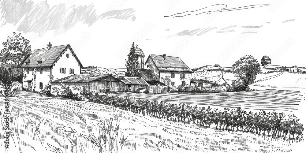 Fototapeta premium Pen and Ink Drawing of a Rural Farm