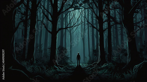illustration of a person standing in the middle of a dark forest