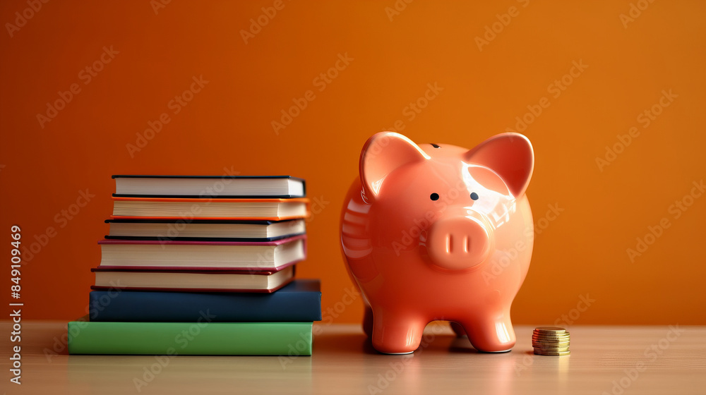 A pink piggy bank stands next to a stack of books on a wooden table in a well-lit room. A pink piggy bank stands next to a stack of books on a wooden table in a well-lit room.