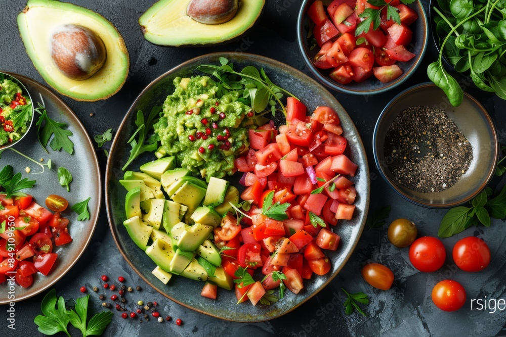 A colorful array of fresh avocado and tomato salad ingredients, including spices and herbs, beautifully arranged for a nutritious meal. A colorful array of fresh avocado and tomato salad ingredients, including spices and herbs, beautifully arranged for a nutritious meal.
