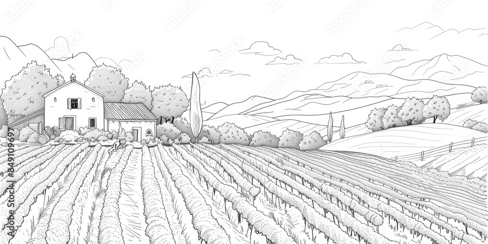 Fototapeta premium Pen and Ink Drawing of a Rural Farm