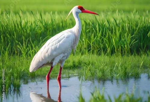 Siberian crane/ white crane/ snow crane on the water, green field in the background  photo