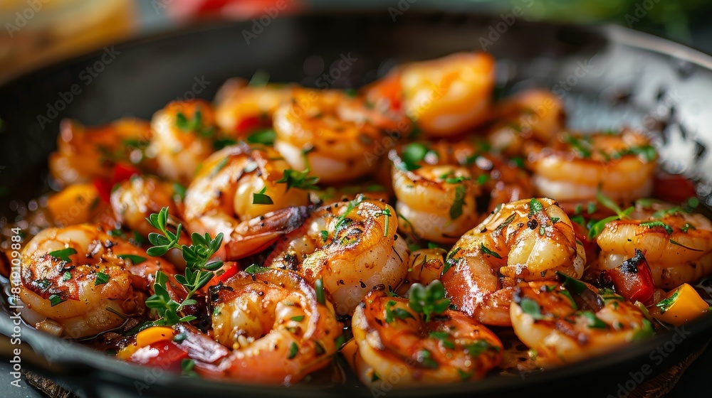 Shrimps cooked with fresh vegetables and spices in a skillet, captured in bright natural light Shrimps cooked with fresh vegetables and spices in a skillet, captured in bright natural light