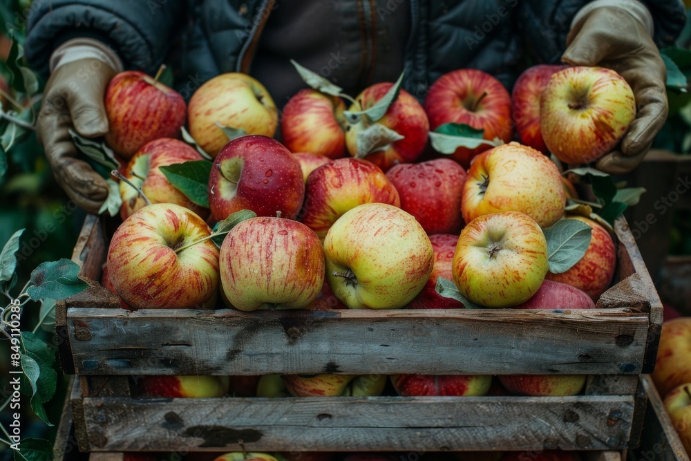 A close-up of freshly harvested apples in a rustic wooden crate, with gloved hands arranging the fruit. A close-up of freshly harvested apples in a rustic wooden crate, with gloved hands arranging the fruit.
